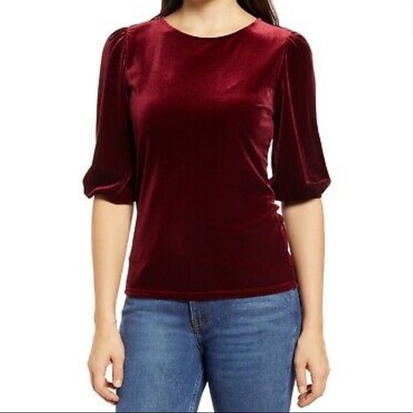 Halogen Burgundy Stem Velvet Top Size Small Velour Bubble Sleeve NWT Crew Neck - Picture 1 of 2